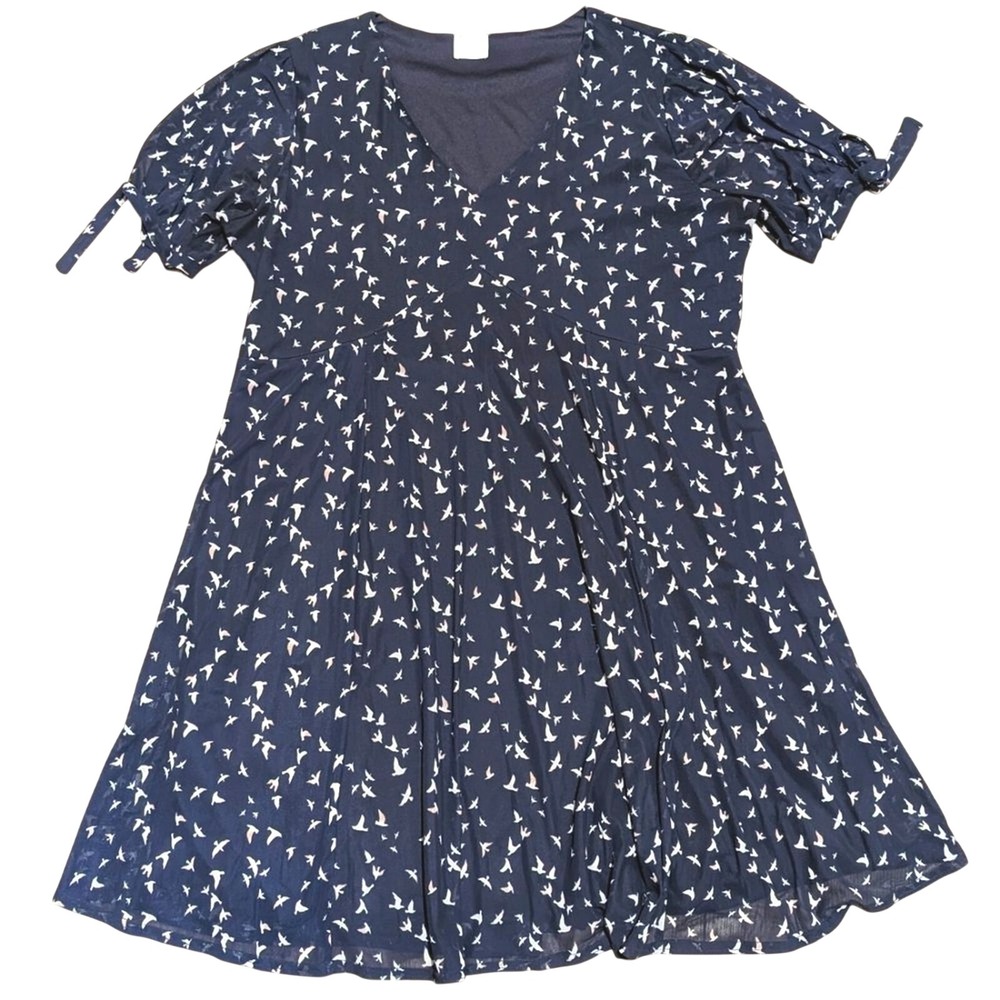 Siren‎ Lily Plus 2X Dress Navy Blue Bird Print Empire Waist Knee Length